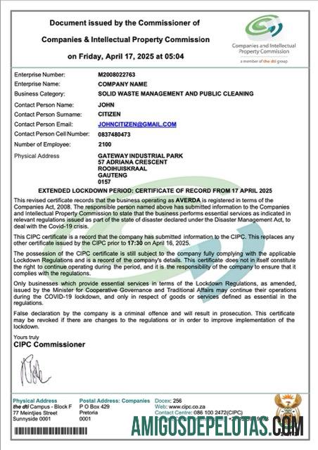 Certificado de registro de empresa da África do Sul para download, modelo Word e PDF, versão 3